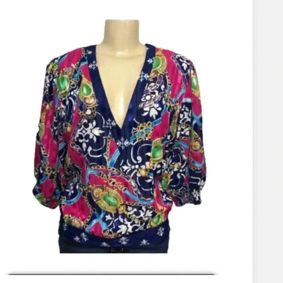 VINTAGE MAYEELOK V NECK PINK & BLUE PRINT BLOUSE GLAM 80’s - Picture 3 of 12